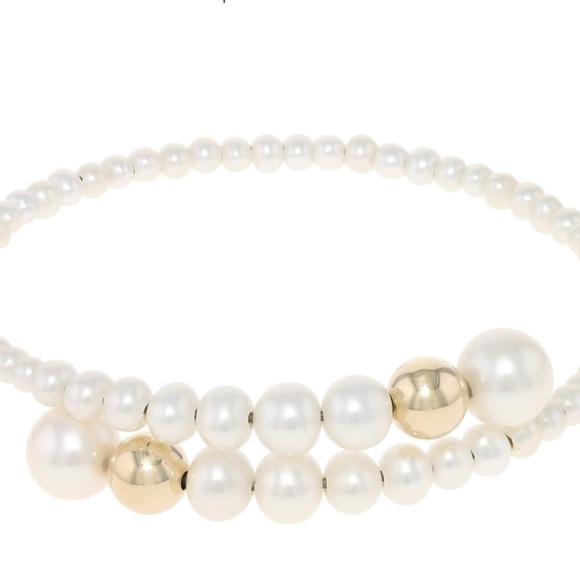 Cultured Freshwater Pearl, Genuine 14k Yellow Gold Flex Bypass Bracelet - Picture 3 of 5
